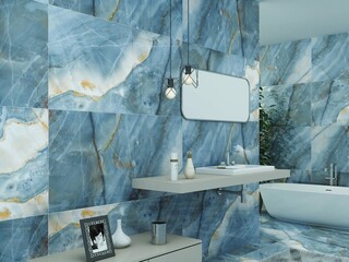 Luxurious bathroom corner interior with white and blue marble wall and floor, ceramic bathtub, white basin and mirror above it, hanging lamp, necessary toiletry on wooden table. 3D Rendering