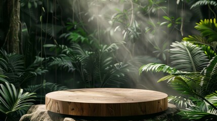Modern wooden podium in a dense jungle studio environment, designed for highlighting organic beauty products,