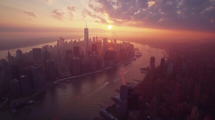 Fototapeta premium Aerial shot of a city skyline awakening to the glow of the rising sun