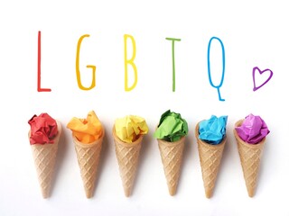 LGBTQ poster.. PRIDE concept. Ice cream with the colors of the Rainbow flag on a white background