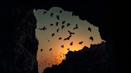 Obraz premium Bats emerging dramatically from a cave entrance at dusk, silhouetted against the twilight sky