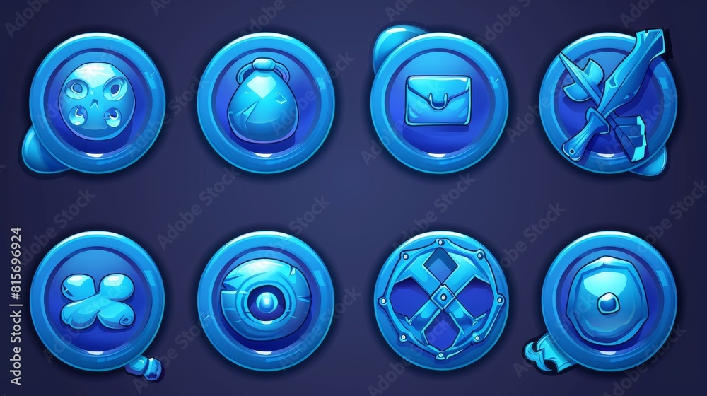Poster the set of symbols for the website or game user interface has blue circle buttons, web icons of sear
