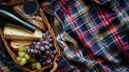 A picnic featuring a bottle of wine, grapes, cheese, bread, and a glass of wine, all laid out on a...