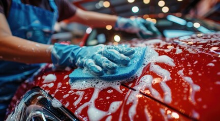 Fototapeta premium Close-up of a hand Professional Car Wash Specialist Using a Big Soft Sponge to Wash a Beautiful Red Sportscar with Shampoo Before Detailing, Polishing and Waxing