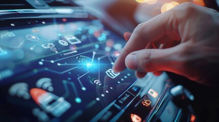Close-up of hand interacting with smart car's touchscreen, IoT icons in focus
