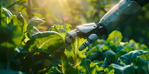 AI robot hand touching vegetables in the field - Powered by Adobe