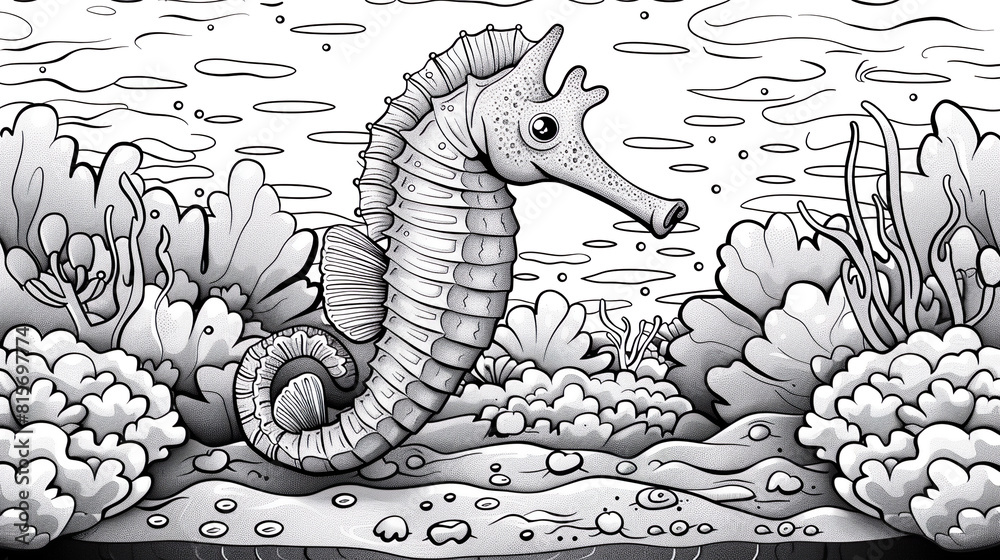 Wall mural coloring book for children. cute cartoon seahorse