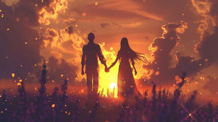 A couple is holding hands in a field of purple flowers. The sun is setting in the background,...