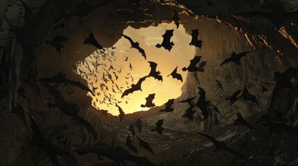 Dusk view of bats pouring out of a cave, their silhouettes stark against the fading light
