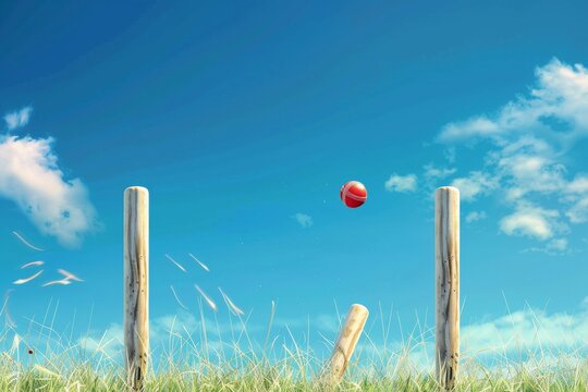 A cricket ball forcefully strikes the wicket stumps, sending the bails flying against a clear blue sky background.