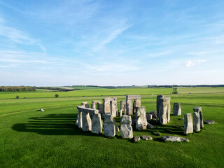 Drone view of Stonehenge and Wiltshire Countryside in England, UK. The stone circle dates to 3000...