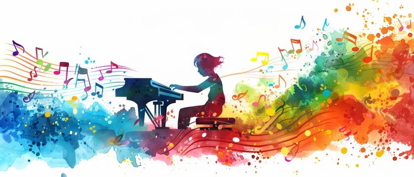 A cute watercolor of a musician composing a symphony with instruments that play themselves