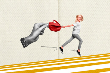 Composite collage image of funny little girl running have fun hand hold backpack bizarre unusual...