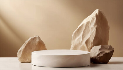 Stone podium for display product. Background for cosmetic product branding, identity and packaging