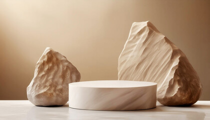 Stone podium for display product. Background for cosmetic product branding, identity and packaging