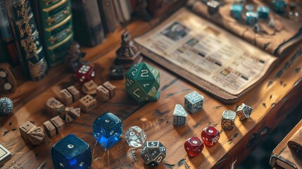 Tabletop gaming board game figures mockup with dice, board and gaming accessories and components