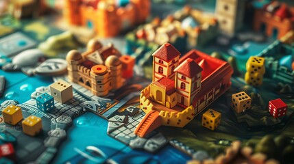 Tabletop gaming board game figures mockup with dice, board and gaming accessories and components