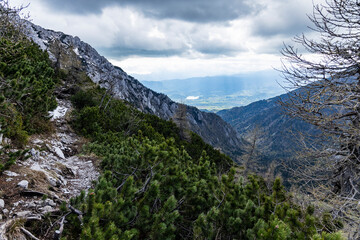 Begunjščica panorama of mountain trekking to the highest peak. View of the Alps, climbing with via ferrata. Distant view of Lake Bled from above. Sports holidays, life of adventure in the countryside