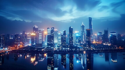 Fototapeta premium Glowing city skyline at midnight, showcasing the mesmerizing lights of skyscrapers