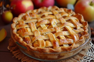 Close-up view of a freshly baked lattice apple pie among ripe apples