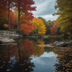 A tranquil pond surrounded by colorful autumn foliage.
