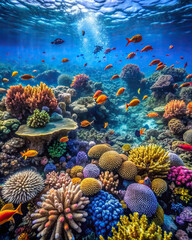 A mesmerizing view of a coral reef bustling with activity, surrounded by deep blue ocean waters