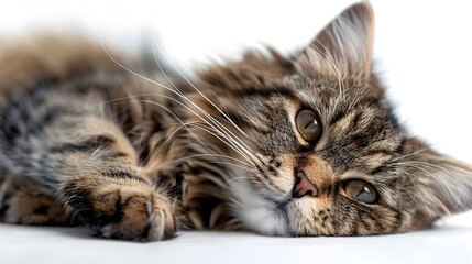 Fototapeta premium Peaceful Feline Resting on White Backdrop with Soft Fur and Focused Gaze