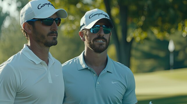 two male golfers share a laugh while walking down the fairway, showcasing their camaraderie and love for the game.