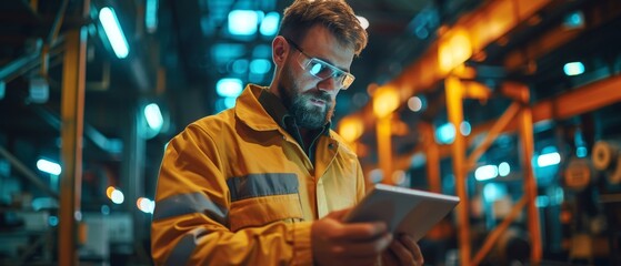Industrial Worker Inspecting with Tablet at Dusk