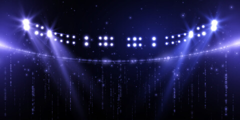Vector bright stadium floodlights brightly illuminate sports games, concerts, shows, evening or night events. Isolated on transparent background. Set of bright spotlights. Vector © Valeriia