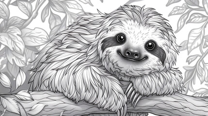 Naklejka premium children's coloring book. Cute cartoon sloth on a tree
