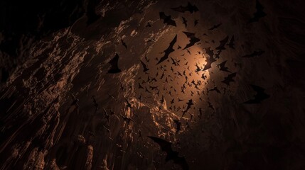 Fototapeta premium Spectacular scene of bats streaming out from a cave's entrance into the night sky