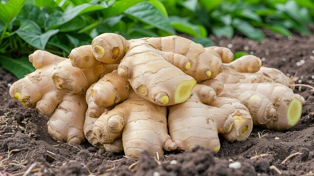 Fresh ginger root harvest in fertile soil at organic farm