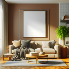 3d render of a room, Frame mockup, Living room wall poster mockup. Interior mockup
