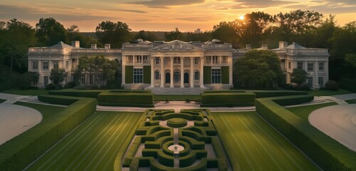 An aerial view of a neoclassical mansion during the golden hour, highlighting the symmetrical...