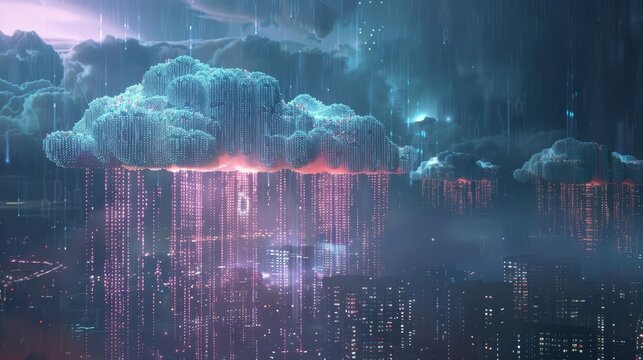 Cloud computing visualized through a surreal scene of clouds made of binary code raining data onto a cityscape, highlighting connectivity and storage possibilities