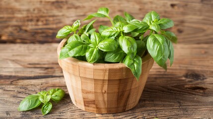 Fresh basil leaves in a wooden pot on rustic background