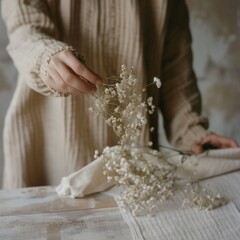 a female holding Gypsophila paniculata Baby's-breath flower arrangement, ai