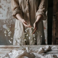 a female holding Gypsophila paniculata Baby's-breath flower arrangement, ai