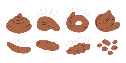 Brown poop vector set on white background. Cartoon image bunch shit. Icon pile of dog, cat or human poo 