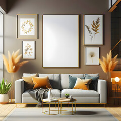 modern living room with sofa, Frame mockup, Living room wall poster mockup. Interior mockup