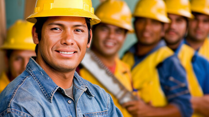 Confident construction worker with team in background