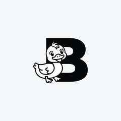 Initial Letter B with Duck Logo Design. Duck is sporting a happy smile. Letter B Vector cute animals character duck isolated illustration and lettering on white background.