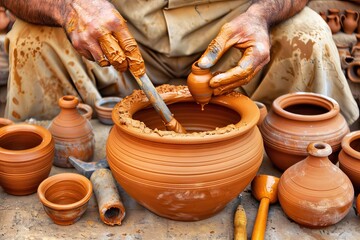 Traditional pottery making by skilled artisan hands