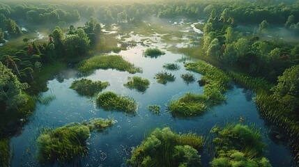A still summer lake nestled in a green forest reflects the towering trees like a perfect painting