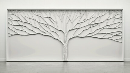 A gallery featuring a single massive plain white frame, with dozens of tiny frames branching off from it, mimicking a tree's branches.