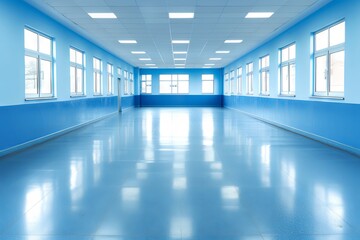 Bright blue empty hospital corridor with large windows