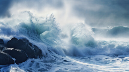 wind-driven waves crash against the jagged coral shore and shatter into a high, splashing fan