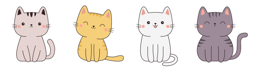 Cat kitten sitting icon set line banner. Cute kitty funny face head. Contour line doodle. Different emotions, colors. Cartoon kawaii baby character. Sticker print. Flat design. White background Vector