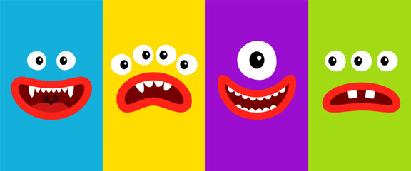 Happy Halloween. Cute monster funny face head set line banner. Four rectangular monsters banner. Spooky Smiling screaming sad face emotion. Eyes, teeth fang, lips. Flat design. Kids background. Vector
